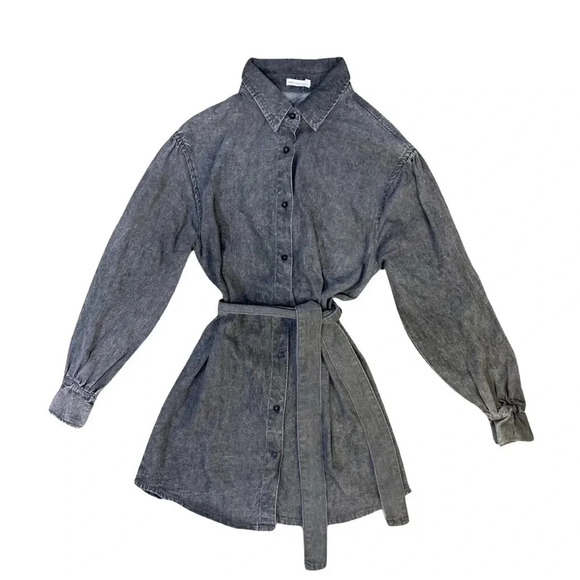 Avec Les Filles Denim Shirt Dress | Gray Black | Size M - Picture 4 of 7